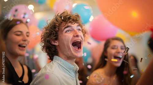Joyous candid moment at a surprise birthday party, expressions of amazement, balloons and confetti