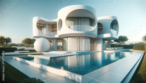 the exterior of a modern, minimalist white villa with a swimming pool. 