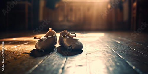 Foto ballerina’s worn-out shoes on hardwood floor, reminiscing past performances