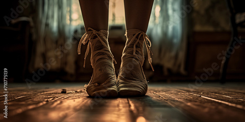 Leinwand Poster ballerina’s worn-out shoes on hardwood floor, reminiscing past performances
