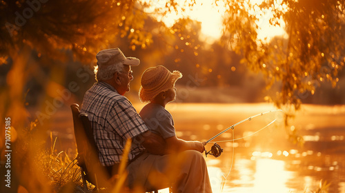 
Memory portrait of a grandfather and grandchild fishing, golden hour by the lake, vintage fishing gear, warm photo