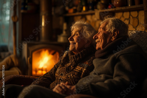 elderly couple, reminiscing in their cozy living room, warm firelight glow
