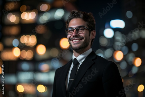 A portrait man looks happy with black suit and necktie in city town and night lights on building background.