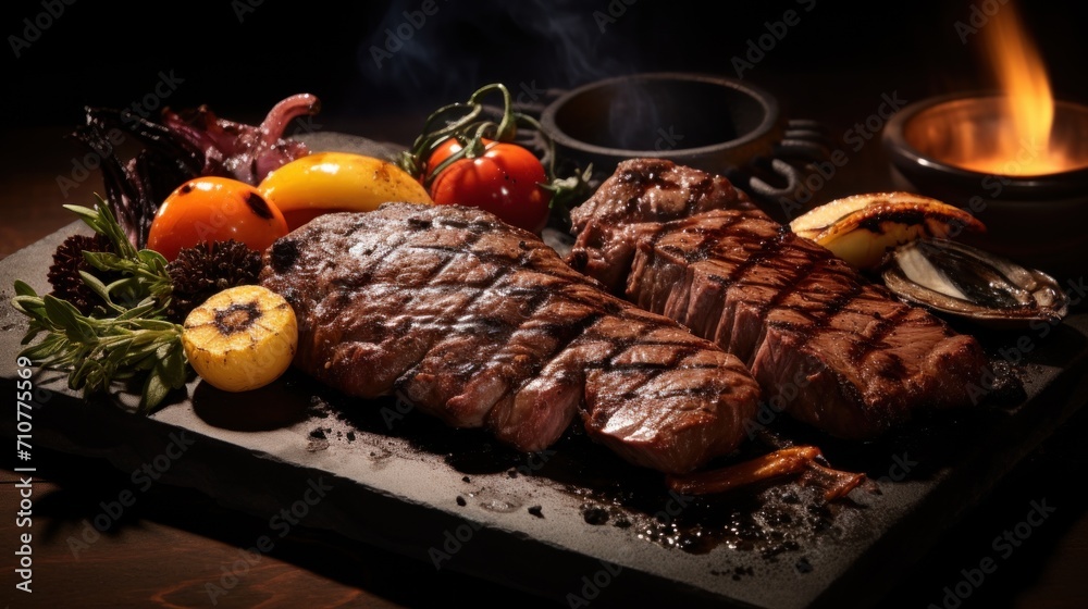  a steak with a side of vegetables and a cup of tea on a wooden table with a lit candle in the background.