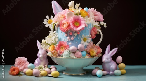  a teacup filled with flowers and bunnies next to a bunny figurine and a bowl of eggs. © Anna