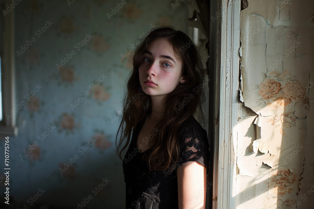 Fototapeta premium young adult returning to their childhood home, standing in an empty room with peeling wallpaper