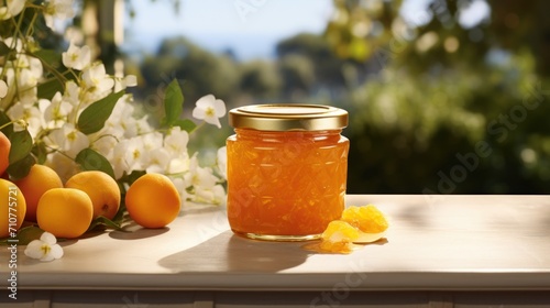  a jar of orange marmalade sitting on top of a table next to some oranges and white flowers.
