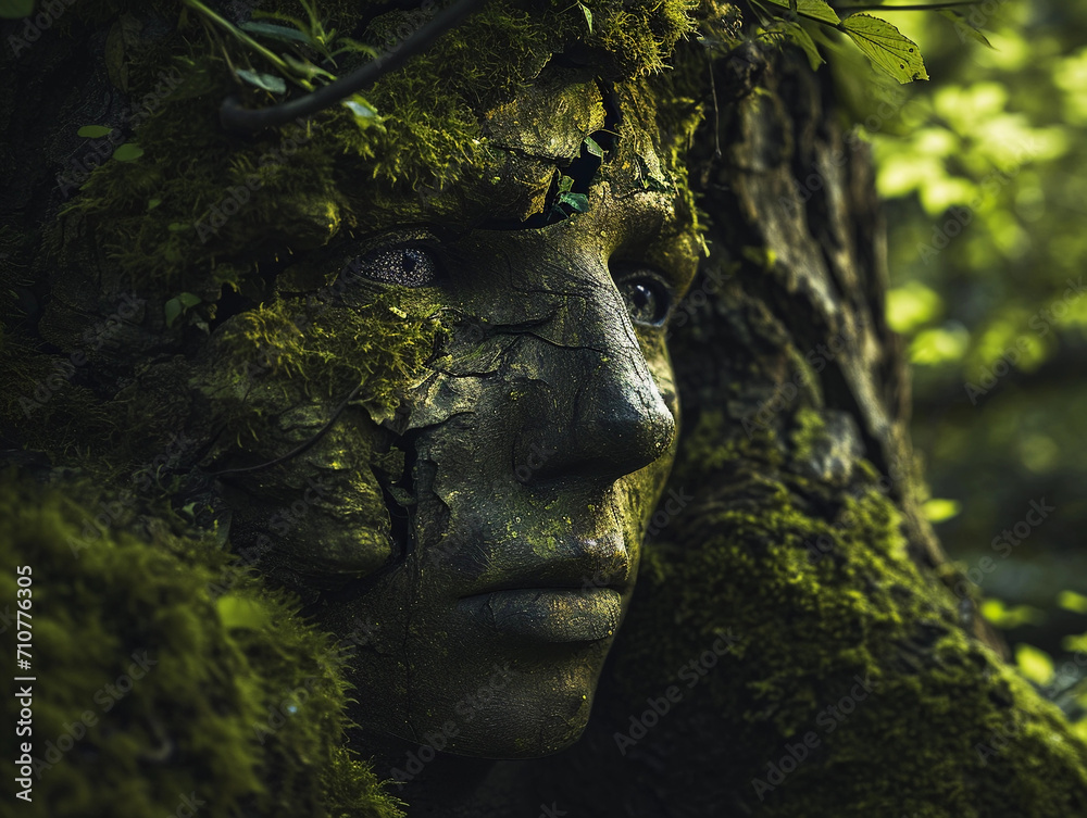 face emerging from an ancient tree, eyes like deep forest pools face emerging from an ancient tree, eyes like deep forest pools