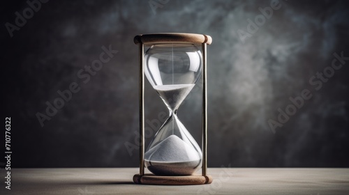  an hourglass sitting on a table in front of a dark background, with a wooden handle and sand running through the bottom of the hourglass.