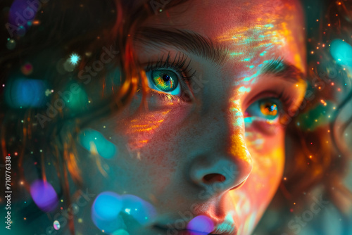 kaleidoscope of neon colors  subject s eyes reflecting a universe of stars  fractal patterns in the background