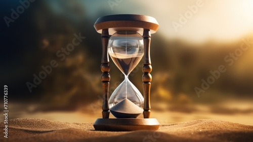  an hourglass sitting on top of sand in the middle of a sandy area with trees and sky in the background.