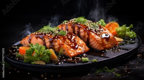  a black plate topped with salmon covered in sauce and garnished with lettuce and carrots and garnished with sesame seeds.