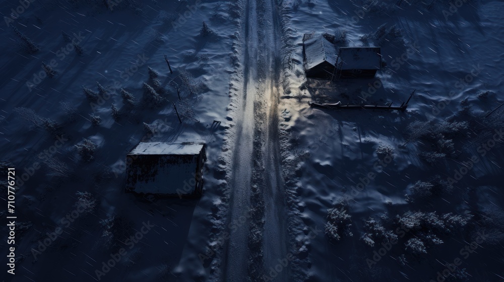  an aerial view of a snow covered road in the middle of the night with a street light in the middle of the road.