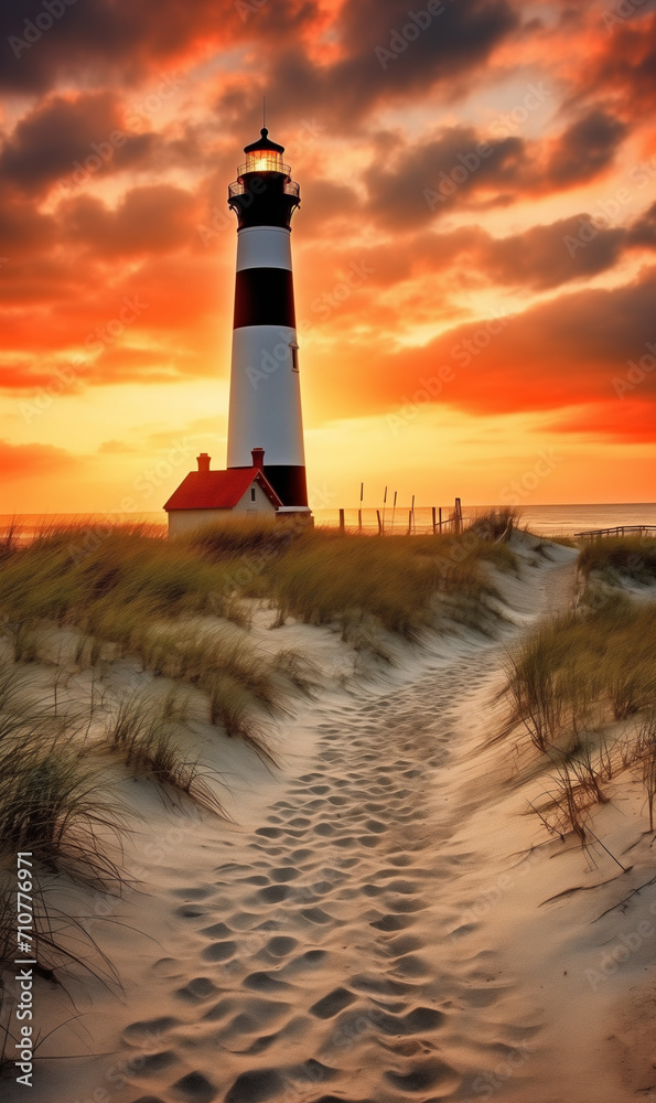 Tall red and white lighthouse on sand dunes in evening sunlight. Blue sky with white clouds. Summer vacation, holiday at sea concept. Panoramic view of a lighthouse standing at the coast on cloudy day
