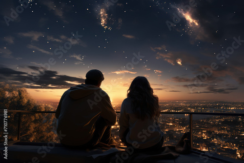 A rooftop astronomy session with a couple stargazing, finding constellations and contemplating the vastness of the universe together. Concept of celestial connection. Generative Ai.