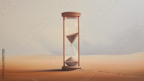  an hourglass in the middle of a desert with sand pouring out of the bottom and a light shining on the top of the hourglass.