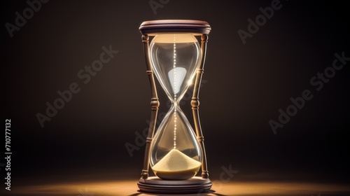  an hourglass with sand running through it on a dark background with a light from the top of the hour.