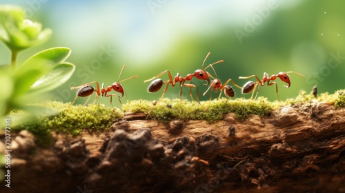  a group of red ants standing on top of a moss covered tree branch in front of a green leafy background.