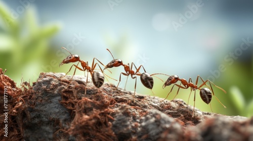  a group of ants standing on top of a pile of dirt next to a green leafy area with a blue sky in the background. © Anna