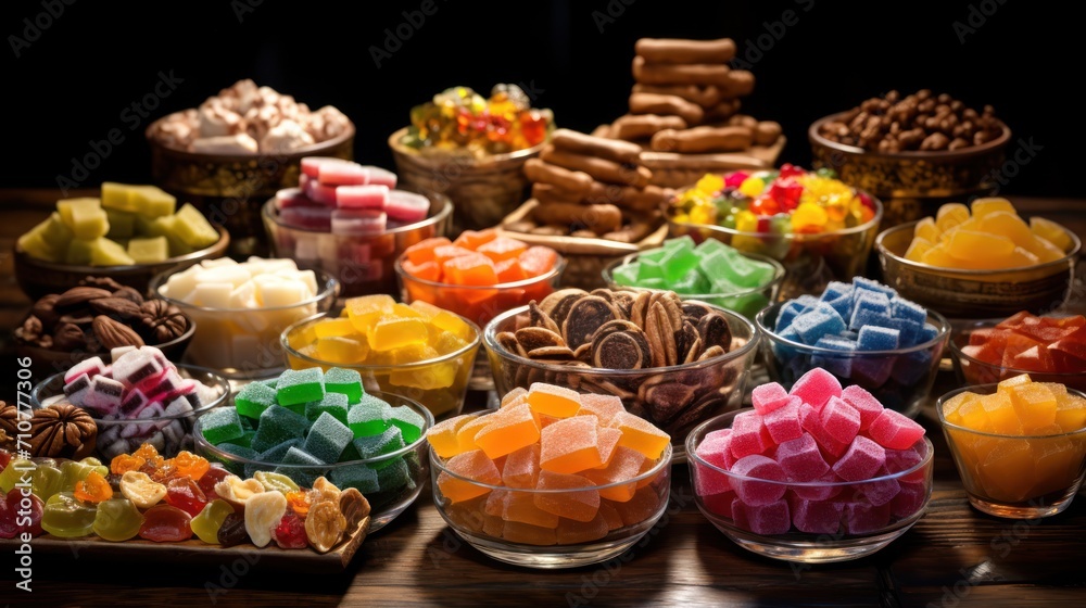 a wooden table topped with bowls filled with different types of candies and cookies on top of a wooden table.