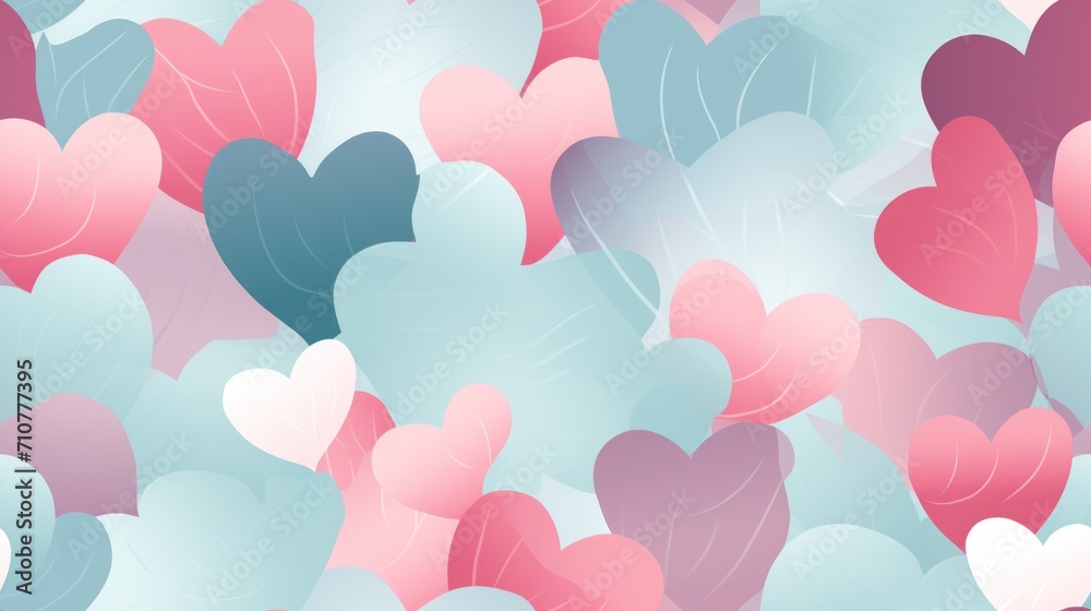  a lot of pink and blue hearts on a light blue background with pink and green leaves in the shape of hearts.