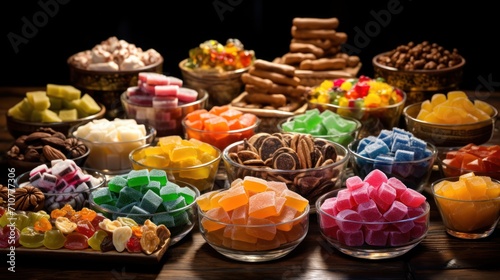  a wooden table topped with bowls filled with different types of candies and cookies on top of a wooden table. © Anna