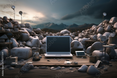 A digital detox zone where someone intentionally sets aside devices, fostering the habit of disconnecting for a set period each day. Concept of intentional screen-free time. Generative Ai. photo