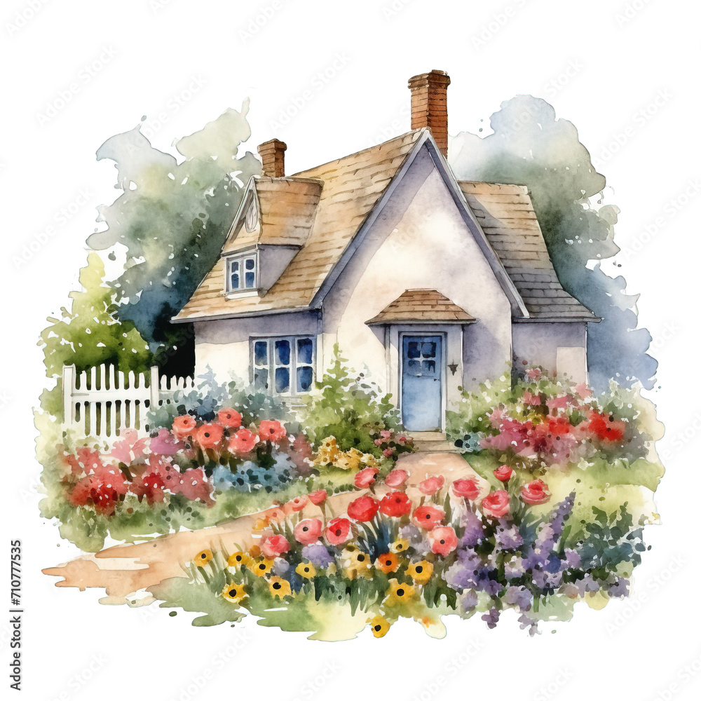 Landhaus mit blühenden Blumen Aquarell Charmante Hausillustration Blumenpracht Kunstwerk Heimische Atmosphäre Wandbild Naturnahe Dekoration