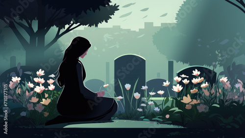 Young widow laying flowers at the grave of her lover /  husband illustration.