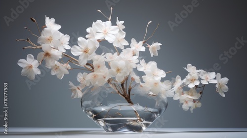  a glass vase filled with white flowers sitting on top of a table next to a glass vase filled with water.