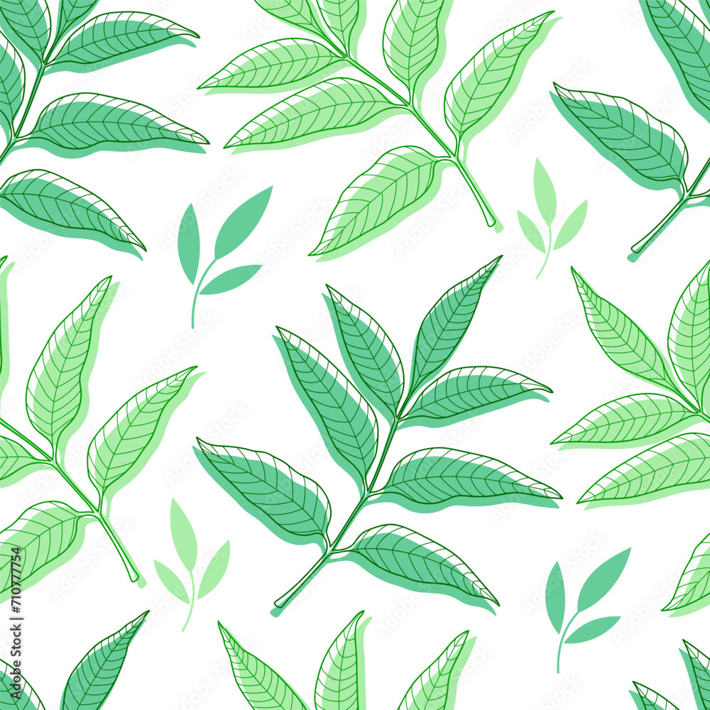 Spring vector seamless pattern with green leaf outlines, silhouettes.