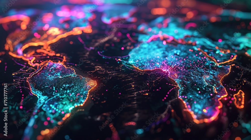 Neon abstract map of continents, high-tech world of the future. Created with Generative Ai technology - obrazy, fototapety, plakaty 