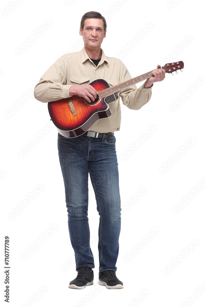 Handsome young man playing guitar on white background Handsome young man playing guitar on white background