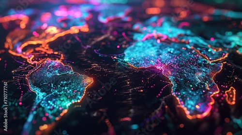 Neon abstract map of continents, high-tech world of the future. Created with Generative Ai technology