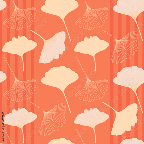 Peach fuzz color ginkgo plant vector seamless pattern. Ginkgo biloba tree leaf outlines, silhouettes.