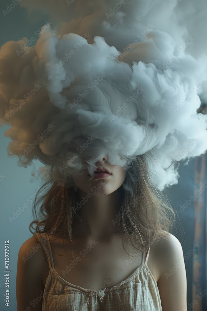 Portrait of a beautiful young woman with a cloud or smoke in her hair