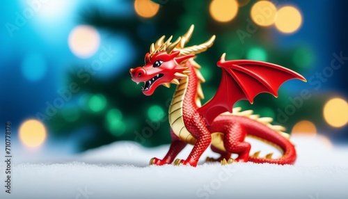 A red and gold dragon figurine stands in the snow in front of a Christmas tree with lights.
