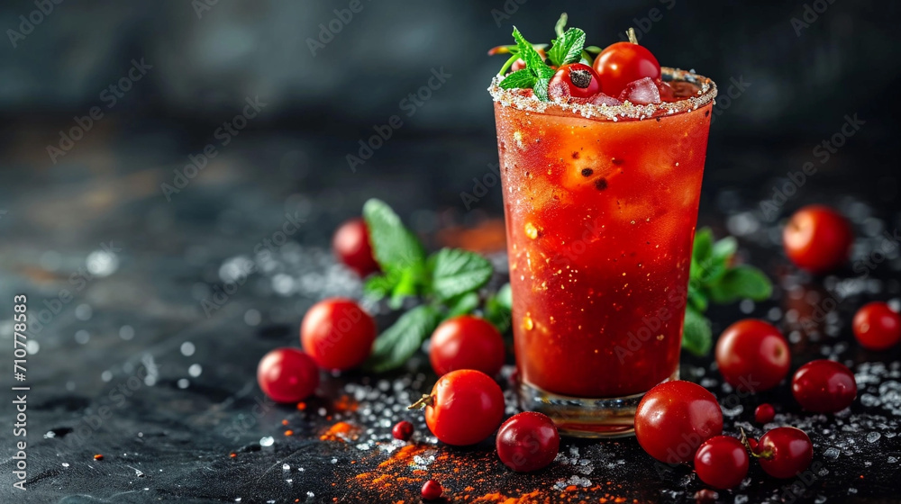 Bloody Mary cocktail on a black background. Unusual background, natural paints, and colors. Bar.