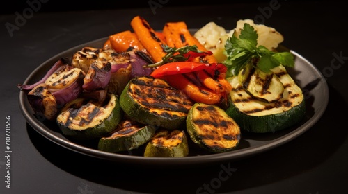  a plate of grilled vegetables including carrots, zucchini, peppers, and other veggies.