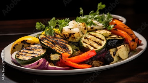  a close up of a plate of food with grilled veggies and other foods on a wooden table.