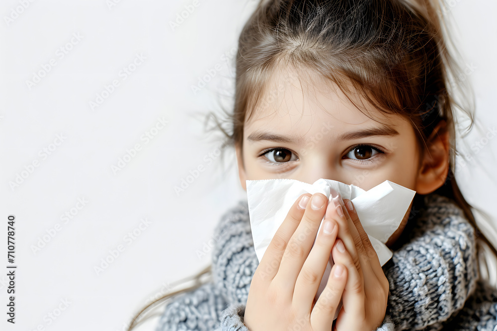 Sick kid blowing nose in tissue on white background. Cold symptoms Sick kid blowing nose in tissue on white background. Cold symptoms