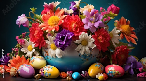  a blue vase filled with lots of colorful flowers next to an assortment of eggs and easter eggs on a table.
