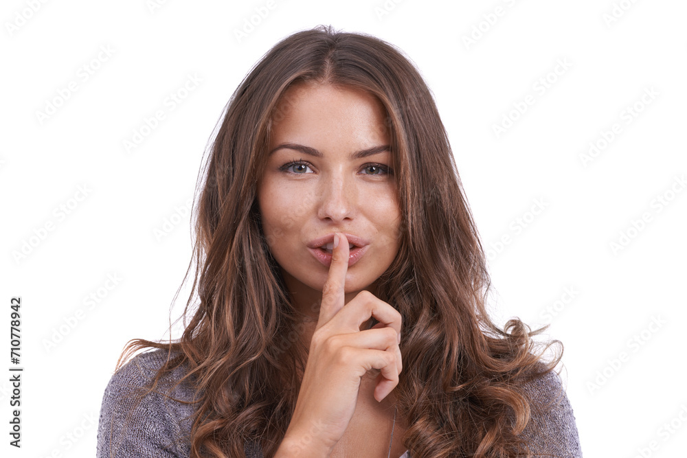 Happy woman, portrait and secret for silence, whisper or gossip on a white studio background. Face of female person, brunette or model with finger on lips for confidential information on mockup space Happy woman, portrait and secret for silence, whisper or gossip on a white studio background. Face of female person, brunette or model with finger on lips for confidential information on mockup space