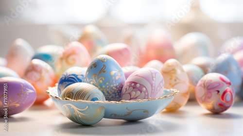  a bowl filled with colorful painted eggs on top of a white table next to another bowl filled with colorful painted eggs on top of a white table.