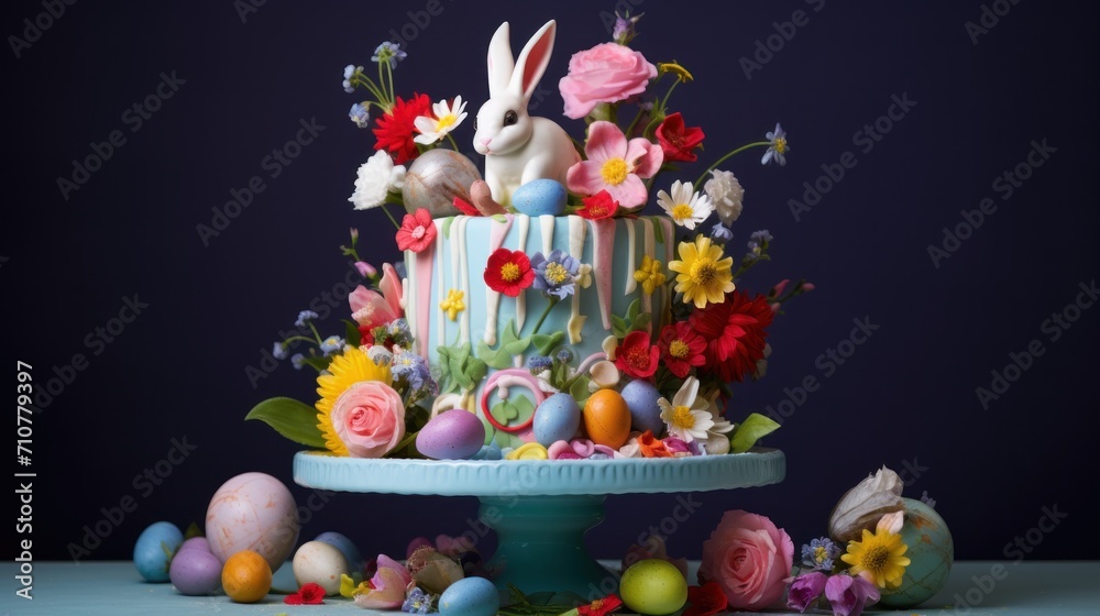 a three tiered cake decorated with flowers, eggs and a bunny figurine sitting on top of it. a three tiered cake decorated with flowers, eggs and a bunny figurine sitting on top of it.