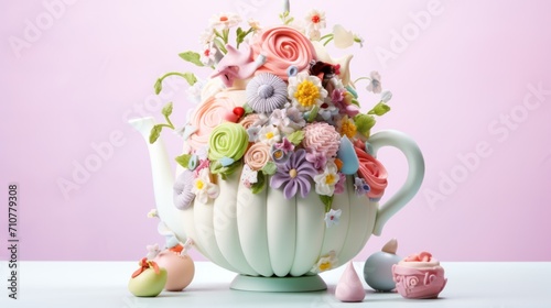  a teapot filled with flowers on top of a table next to a tea pot with a candle on top of it. © Anna