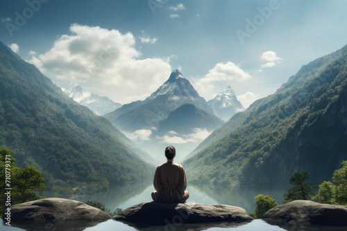 A person practicing deep breathing exercises by a serene mountain lake, harnessing the power of breath for relaxation and mindfulness. Concept of alpine serenity. Generative Ai