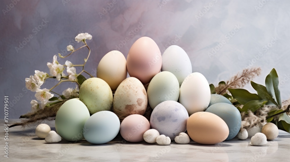  a pile of eggs sitting on top of a table next to a bunch of white and blue eggs on top of a table.