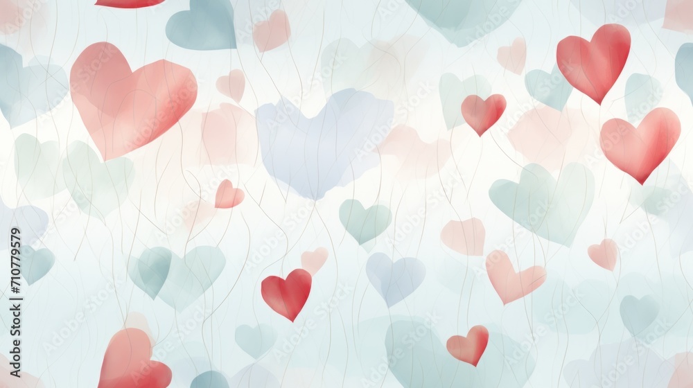 a bunch of heart shaped balloons floating in the air on a blue, pink, red, and white background.