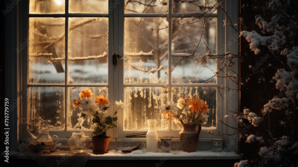  a snow covered window sill with potted plants in front of it and a bird on the window sill.